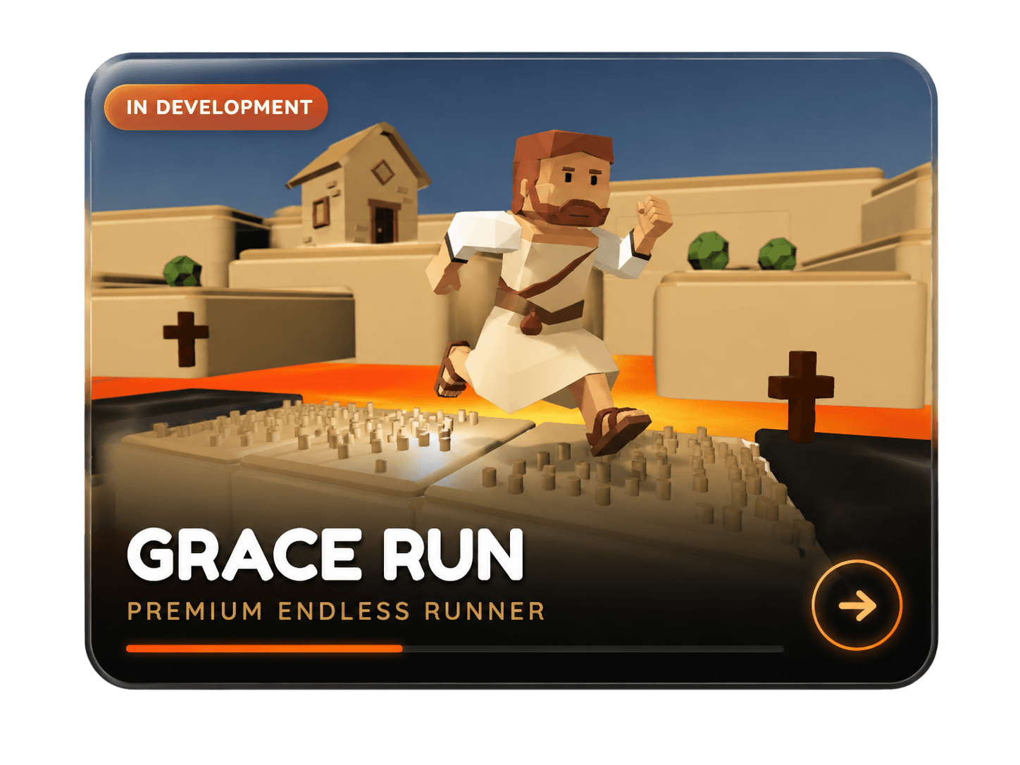 Grace Run — a robed pilgrim leaping across sand-colored rooftops above a lava chasm, wooden crosses in the distance