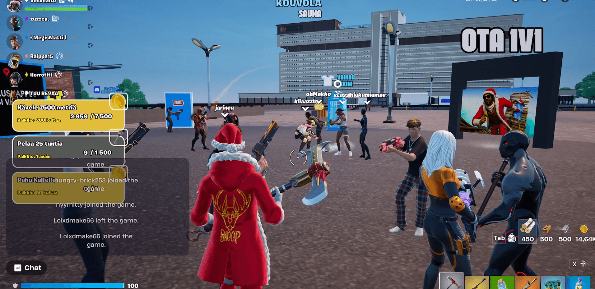 Players gathered in the Kouvola Fortnite Creative map, with the recognisable RUOVOLA SAUNA building in the background